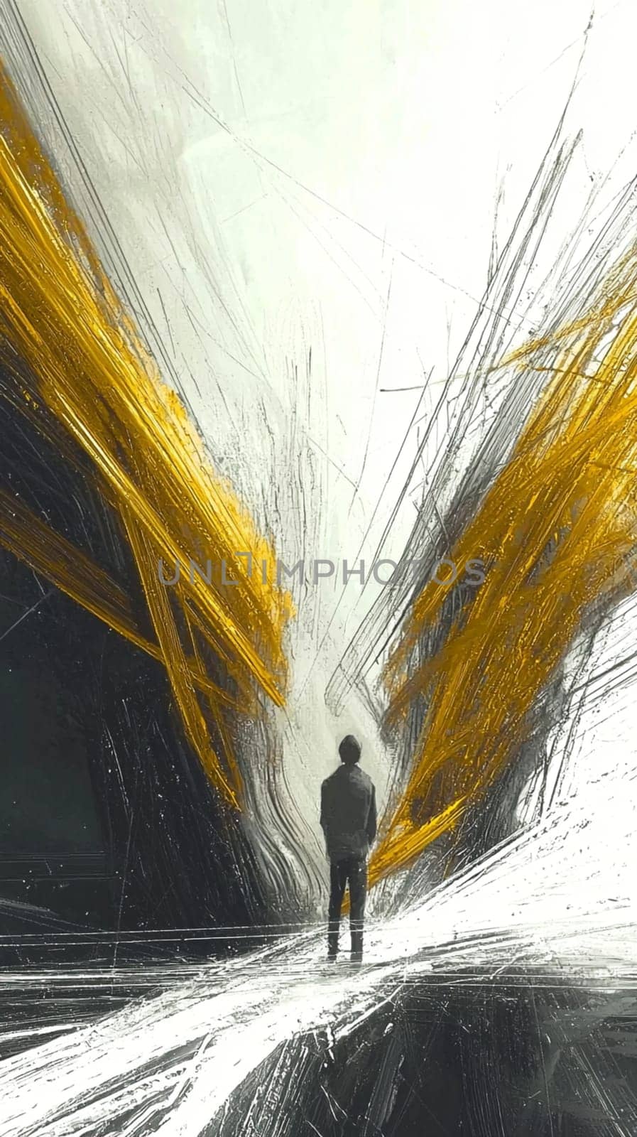 Businessman is standing on a dark surface and looking towards abstract challenges represented by gold and white brush strokes