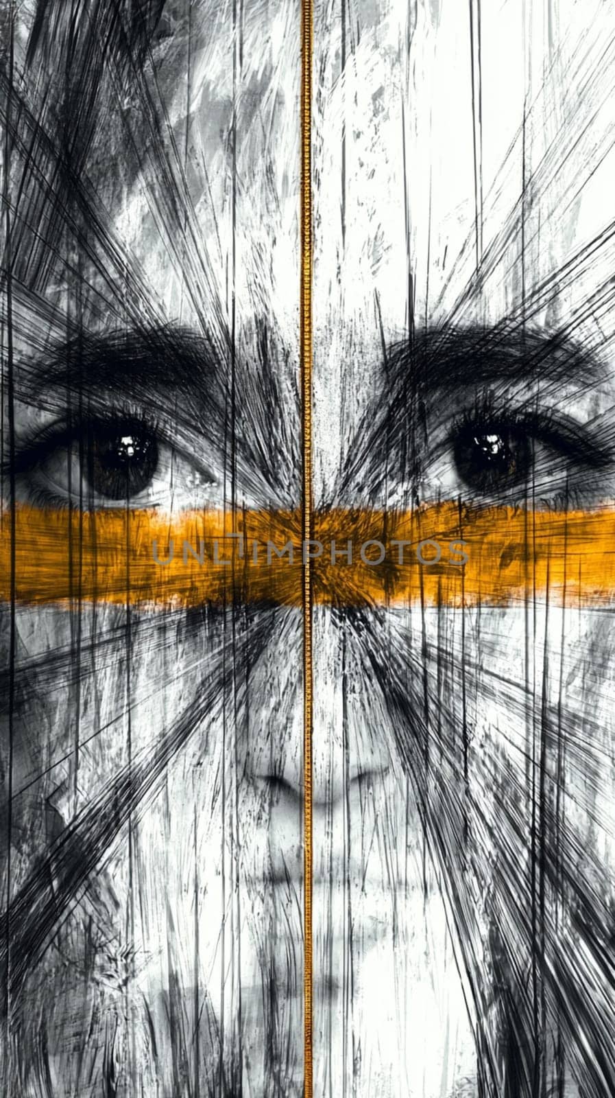 Black and white portrait of a woman with a gold zipper running down the middle of her face, symbolizing the concept of duality and the separation between two opposing forces