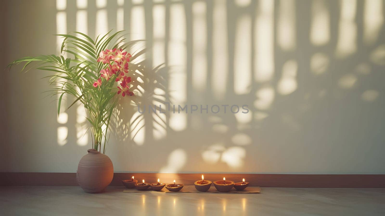 A vase of orchids sits against a white wall with soft sunlight filtering through the window casting shadows. In front of the vase are several lit candles creating a peaceful and serene ambiance.