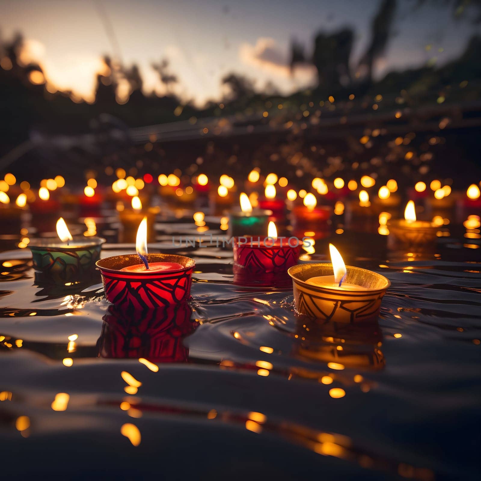 A close-up of candles floating on water at sunset, creating a magical and peaceful atmosphere.