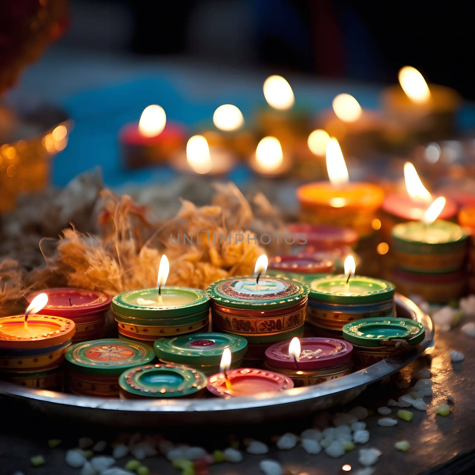 A close-up shot of colorful candles in a tray, a traditional Indian festival decoration.