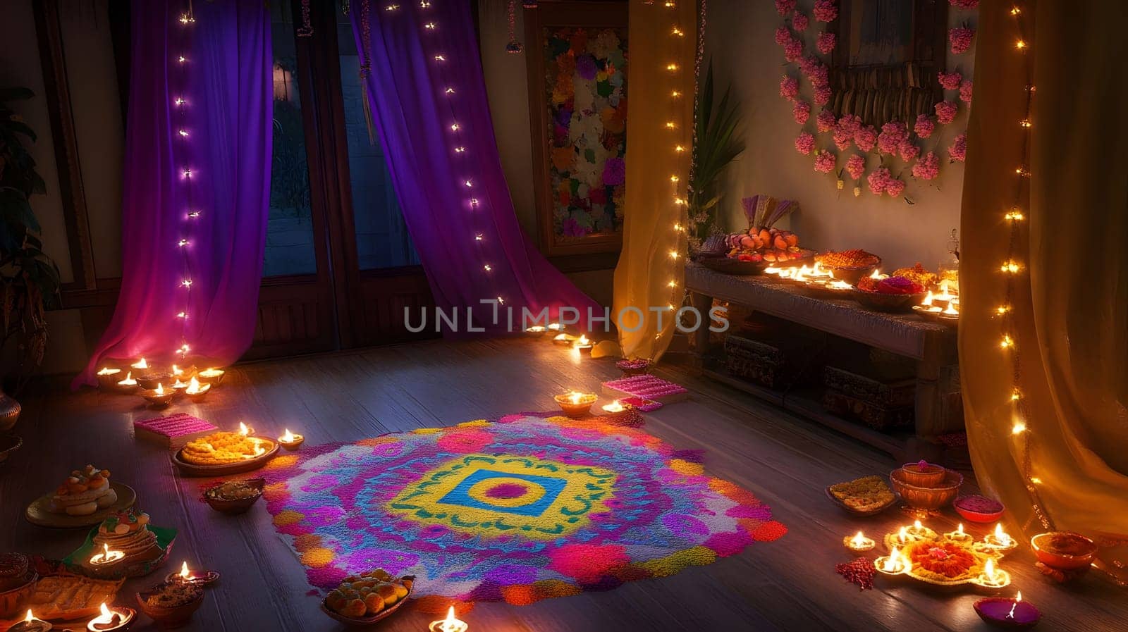 A room decorated for Diwali with candles, rangoli, and traditional offerings.