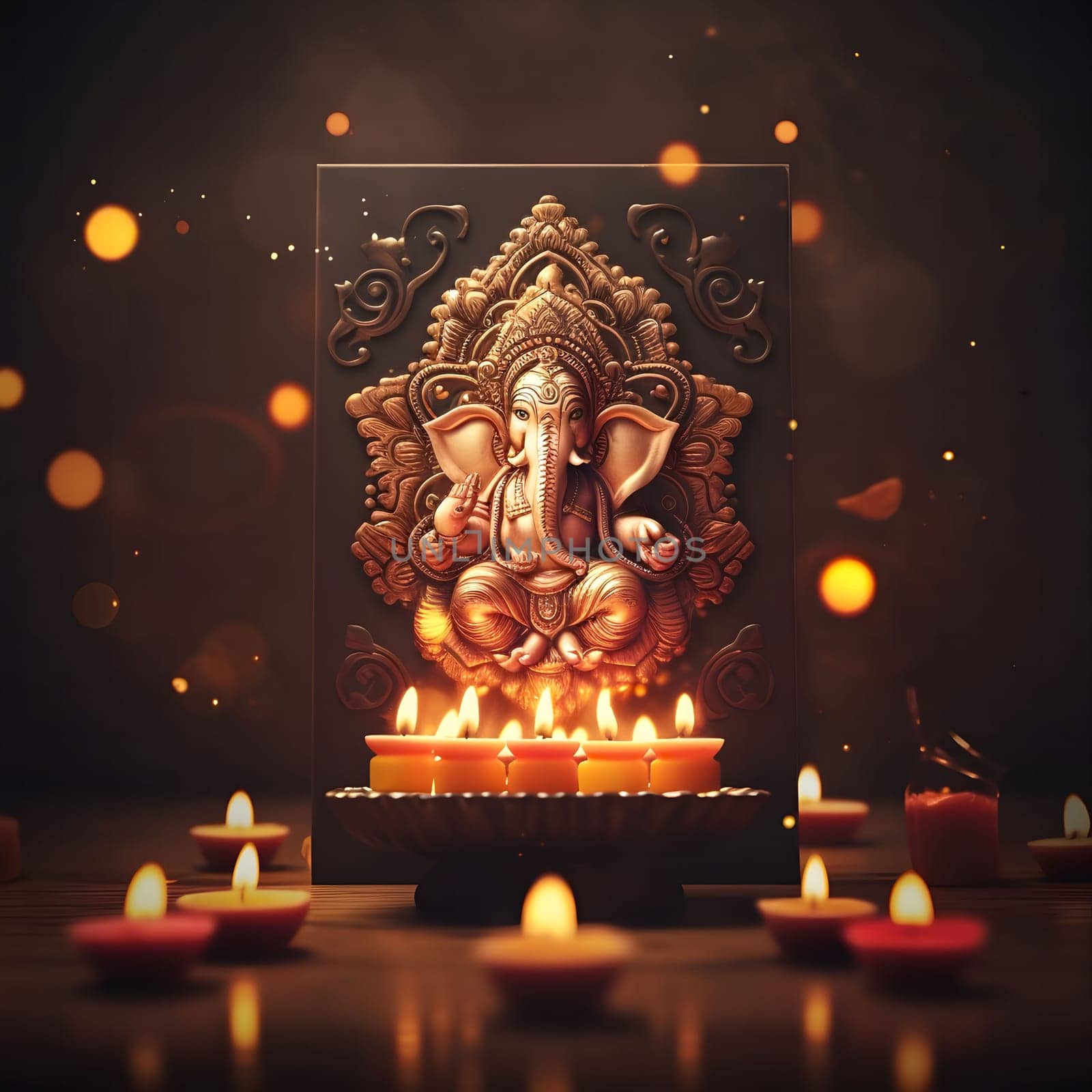 A golden Ganesha idol placed on a black plaque with lit candles in front of it. The image is set against a dark background with bokeh lights.