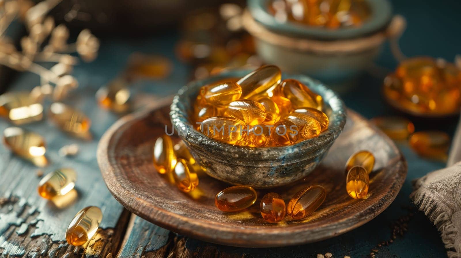 Omega-3 fish oil capsules on a dark wooden background. selective focus. Generative AI, medical