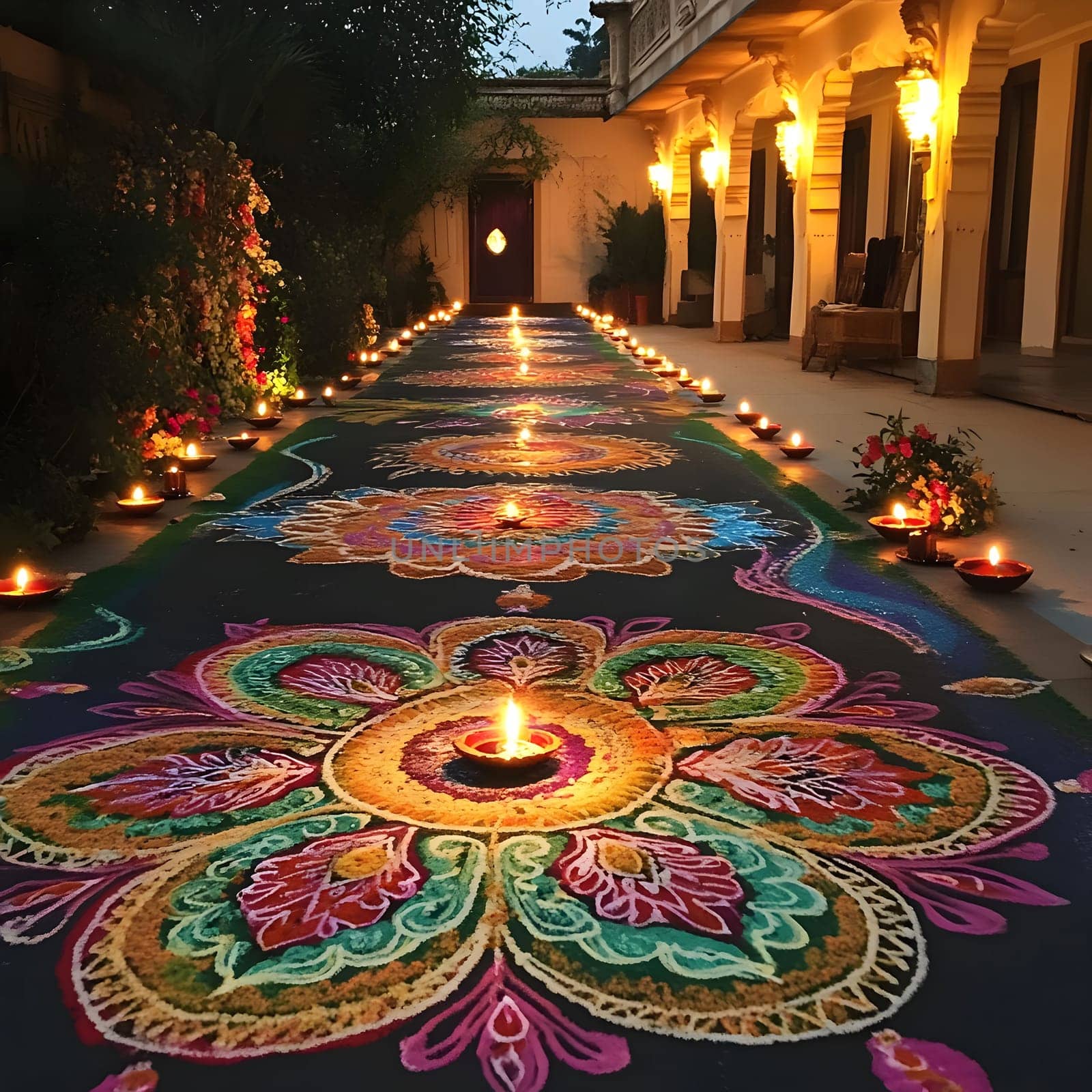 A detailed Rangoli design with lit Diyas creates a vibrant and festive atmosphere. The intricate patterns and vibrant colors are a beautiful representation of Indian culture and traditions.