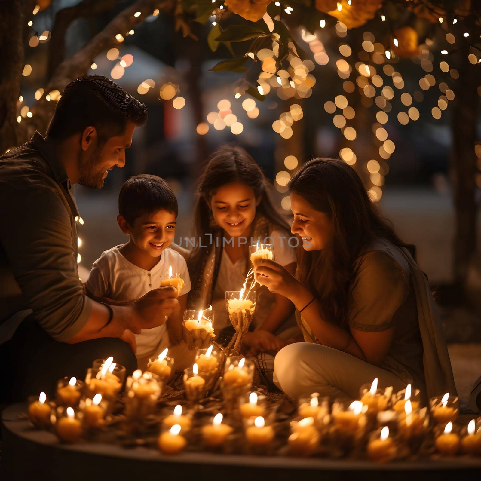 A family gathers around a table with many candles lit, enjoying each other's company and the warm atmosphere.