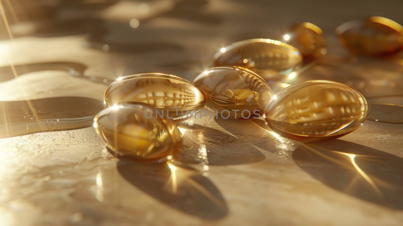 Omega-3 fish oil capsules on a dark wooden background. selective focus. Generative AI, medical