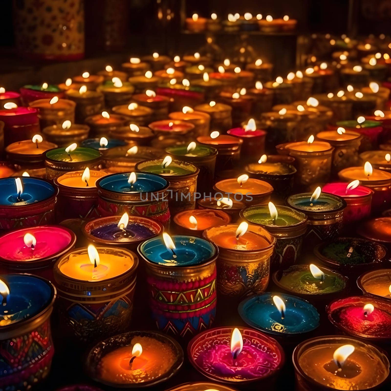 A collection of colorful candles, each with its own unique pattern, illuminate a room with warm, inviting light, creating a festive and spiritual atmosphere.