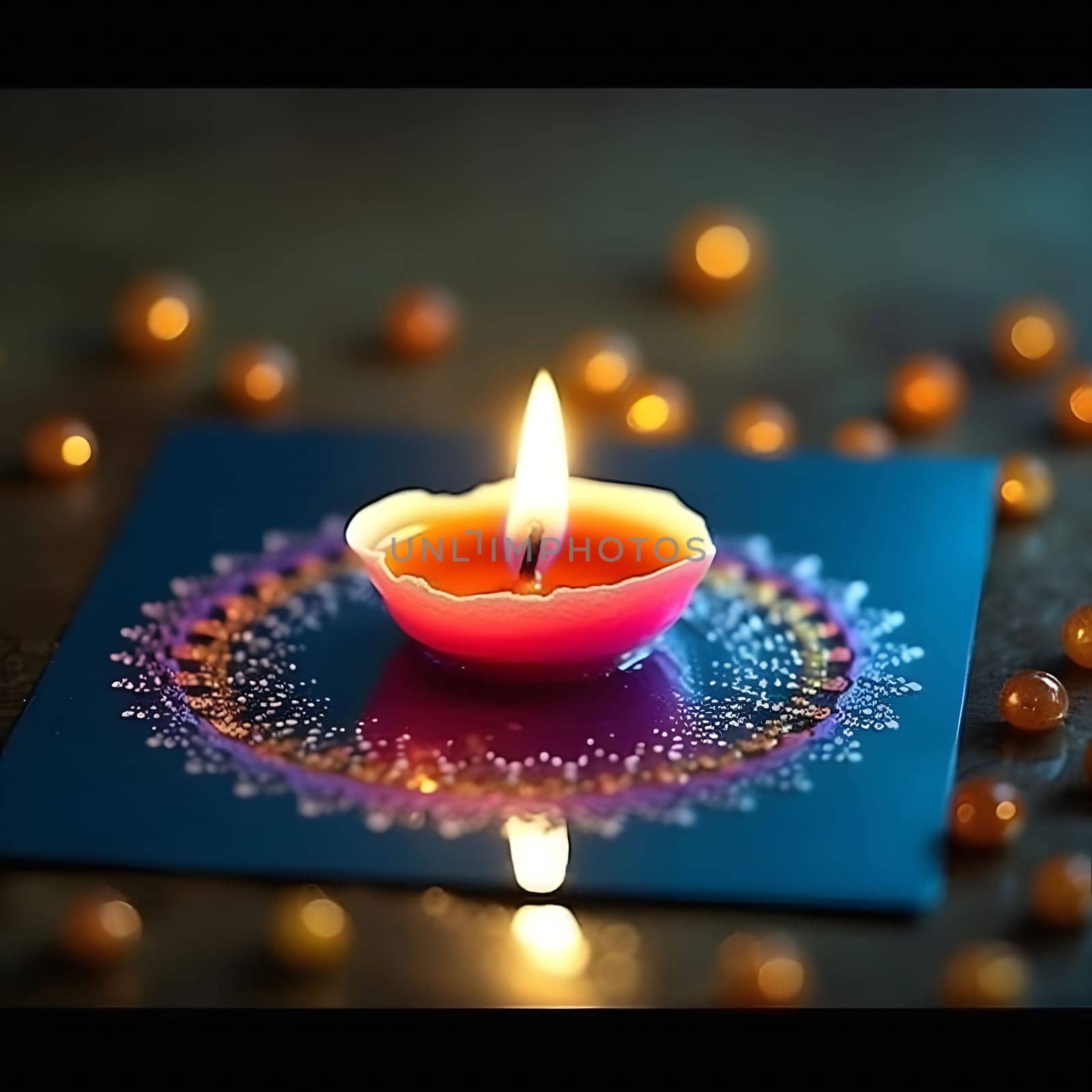 Close-up shot of a burning candle with reflection on a blue surface surrounded by out of focus light.