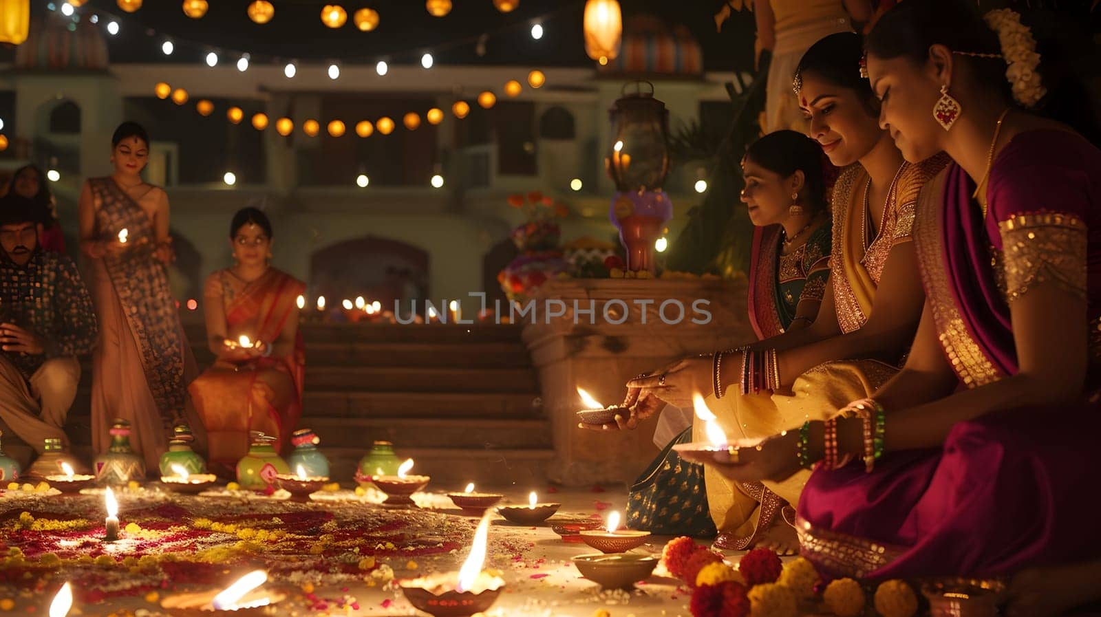 Three women in traditional Indian attire light diyas during a Diwali celebration.
