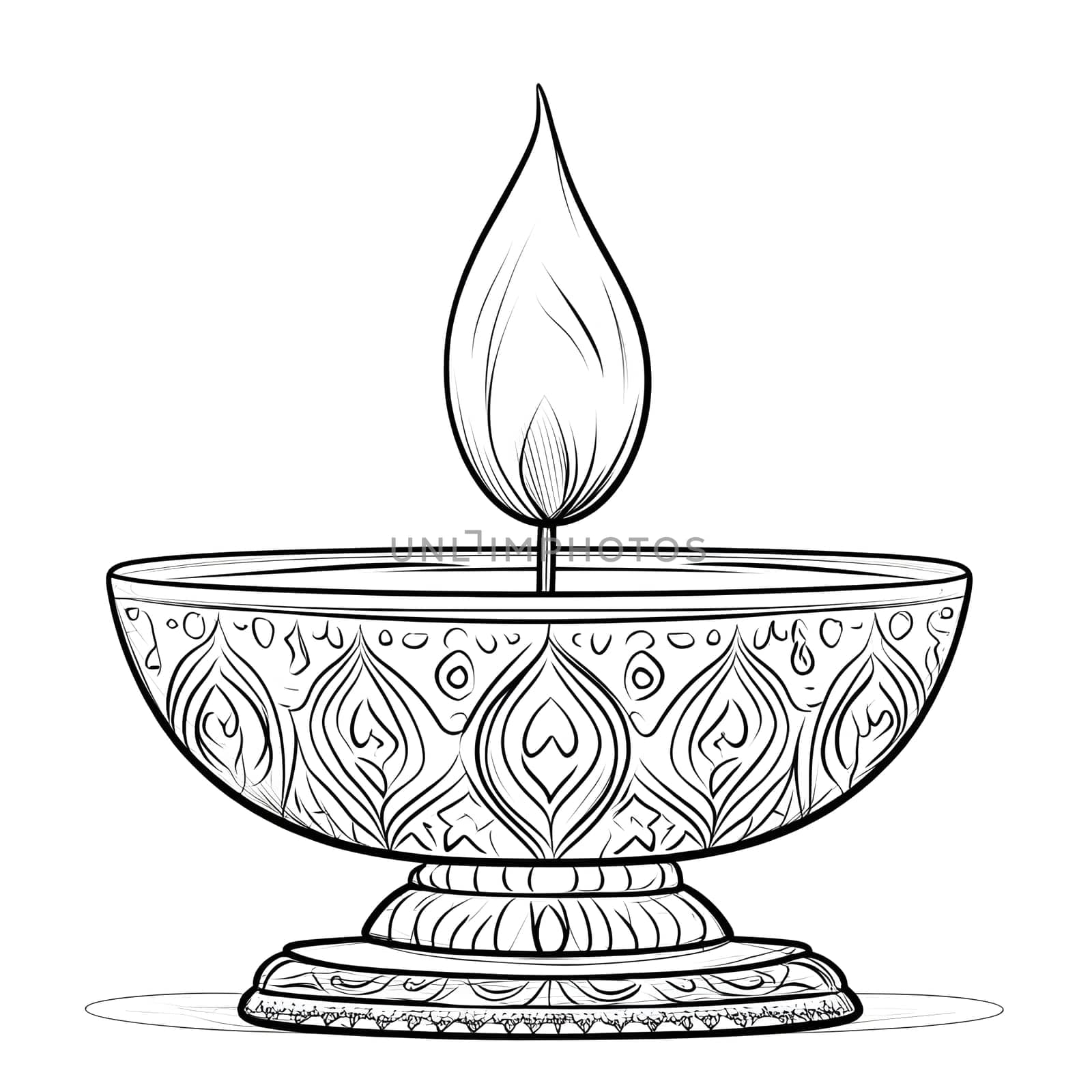 A detailed black and white illustration of a candle with an ornate bowl and stand.