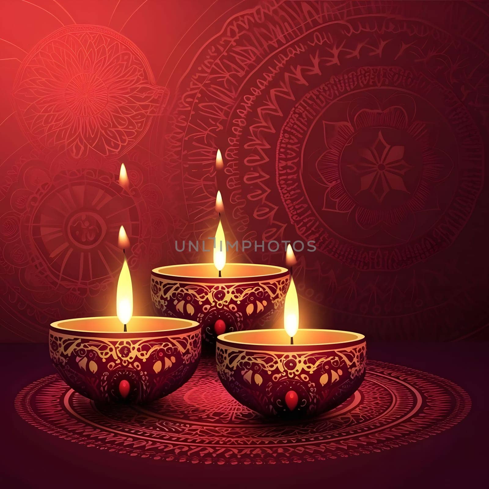 Three lit diyas or oil lamps on a red background with intricate mandala designs, a symbolic representation of the Diwali celebration.