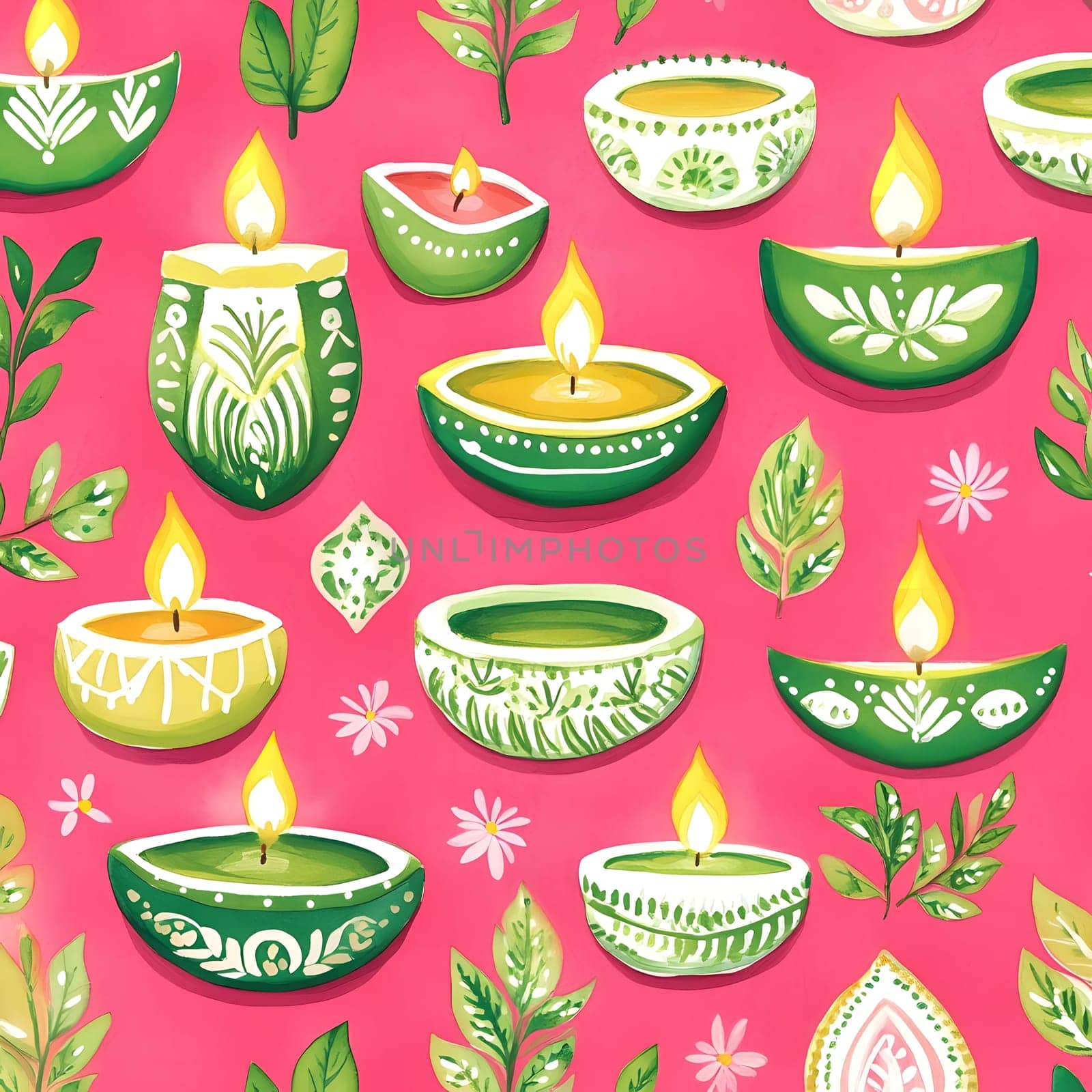 A vibrant pattern featuring traditional Indian diyas, or oil lamps, decorated with intricate floral designs. The diyas are set against a pink background, creating a festive and celebratory atmosphere.