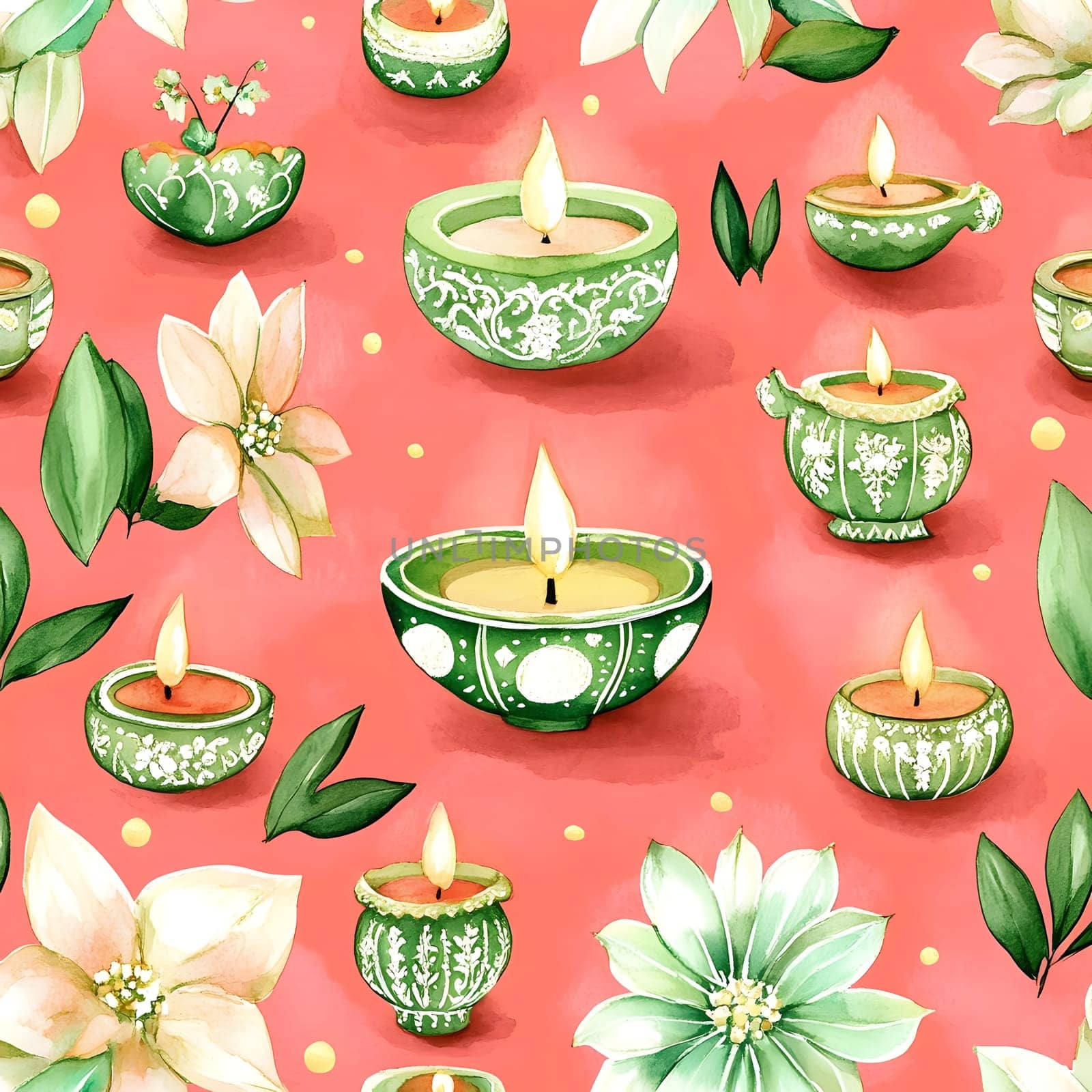 A beautiful watercolor seamless pattern featuring green candles with floral elements on a pink background.