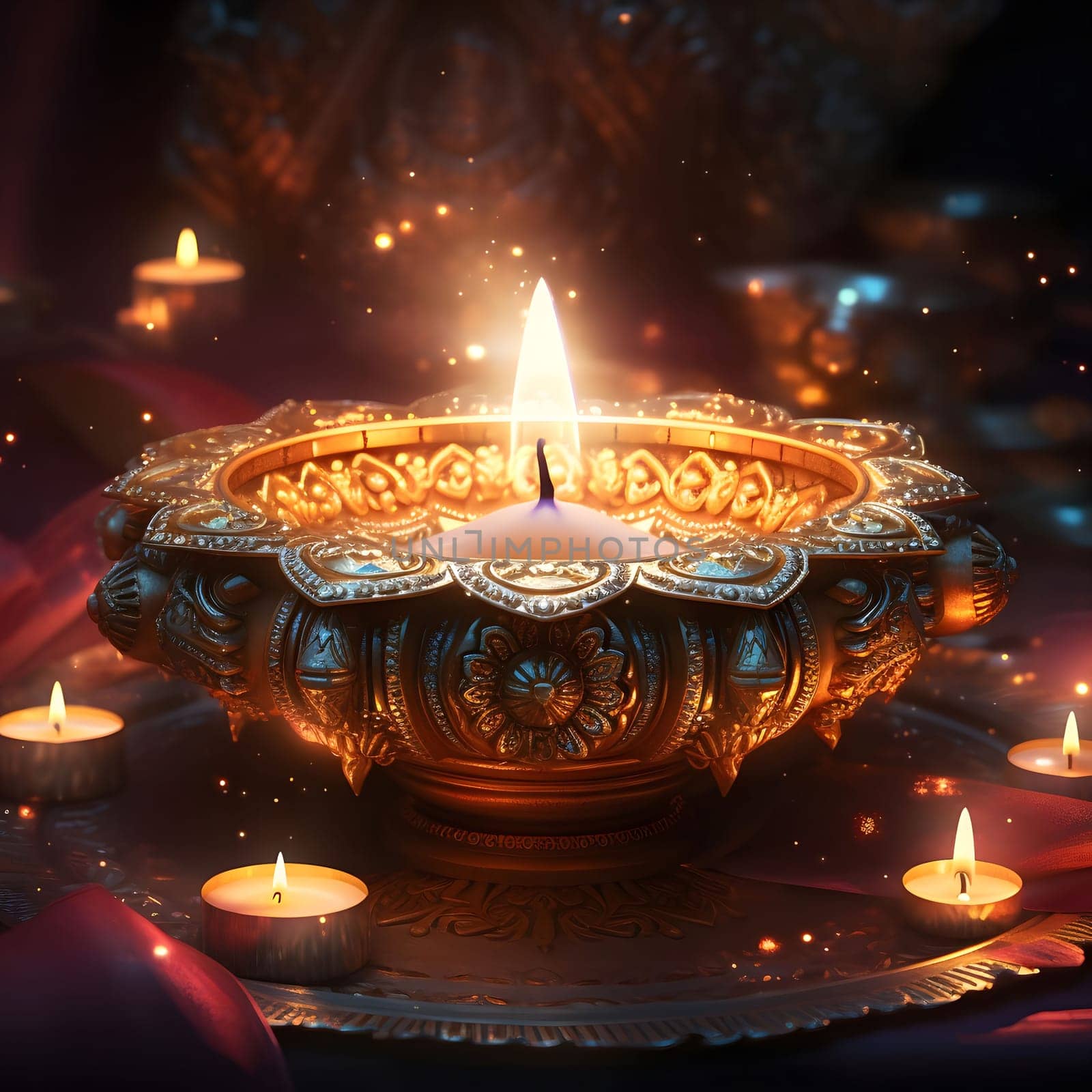 A golden diya, or oil lamp, is lit with a flickering candle. The diya is surrounded by other small candles, creating a warm and inviting atmosphere. The golden color of the diya and the soft glow of the candles create a sense of peace and serenity.