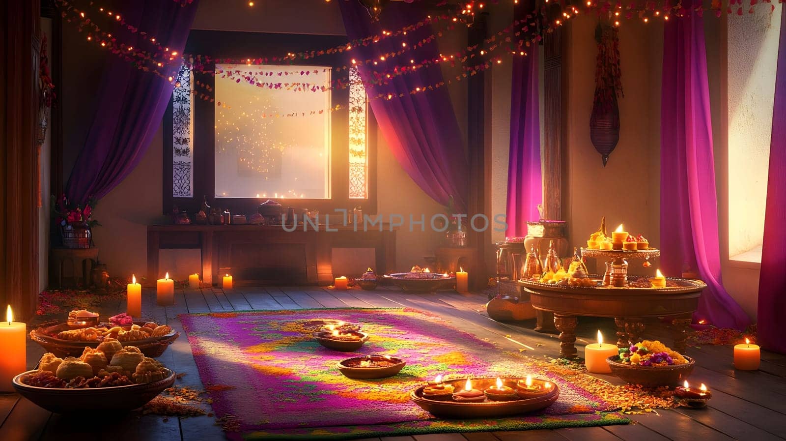 A beautifully decorated Indian room with candles, flowers and a warm, festive atmosphere.