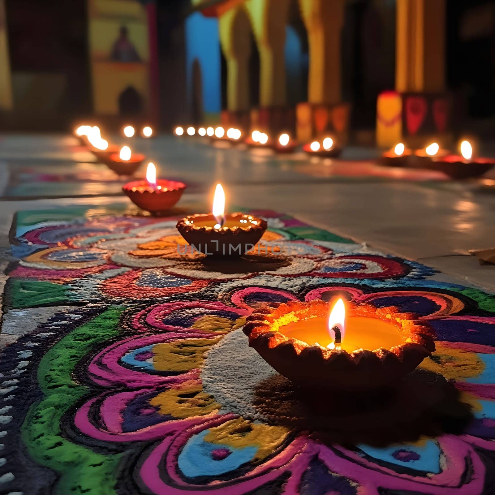 A close-up of traditional clay lamps lit during Diwali celebration. The lamps create a warm glow against the colorful background, symbolizing light and hope. The image captures the beauty and spirituality of this festival.