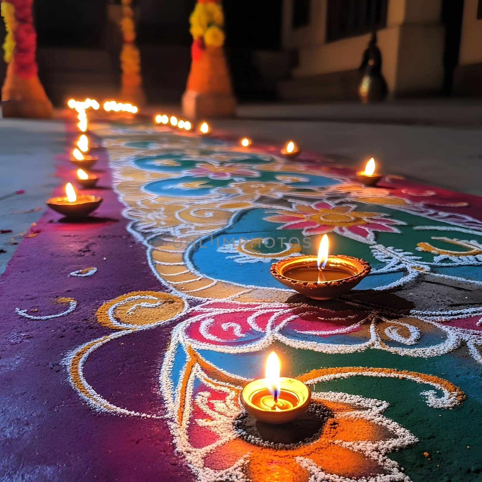 A beautiful rangoli design with lit diyas during Diwali celebrations.