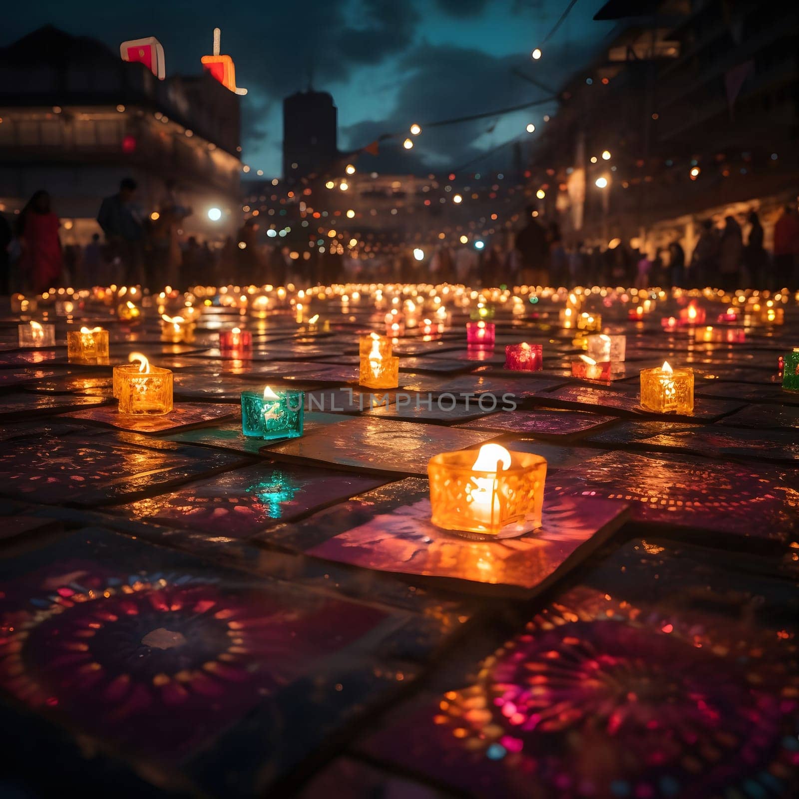 A beautiful sight of lit candles on the ground with a blurry city background.