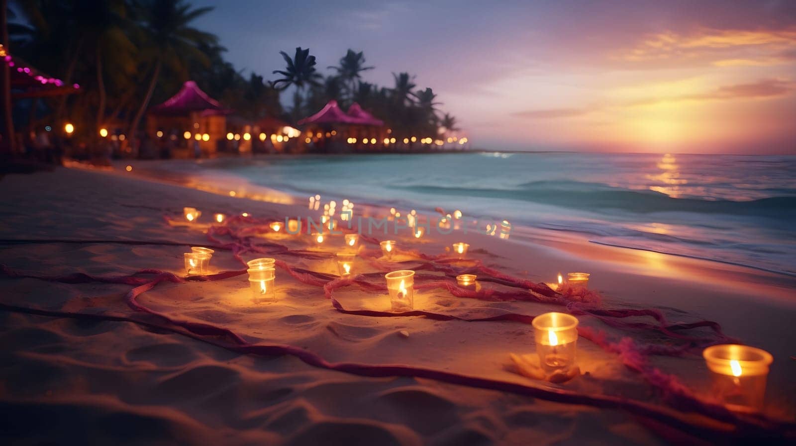 A beautiful sunset over the ocean with candles on the beach.