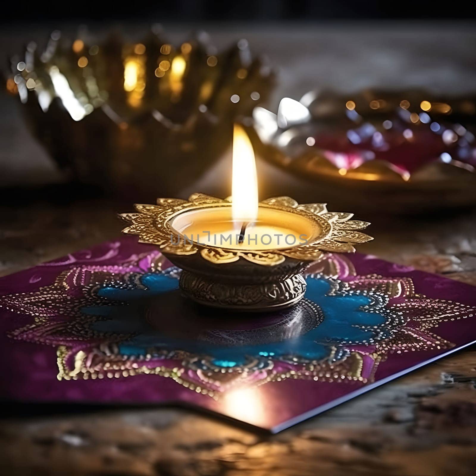 A single candle lit for the celebration of Diwali, a Hindu festival of lights, sits on a decorated platform. The warm glow illuminates the intricate designs and creates a peaceful atmosphere.