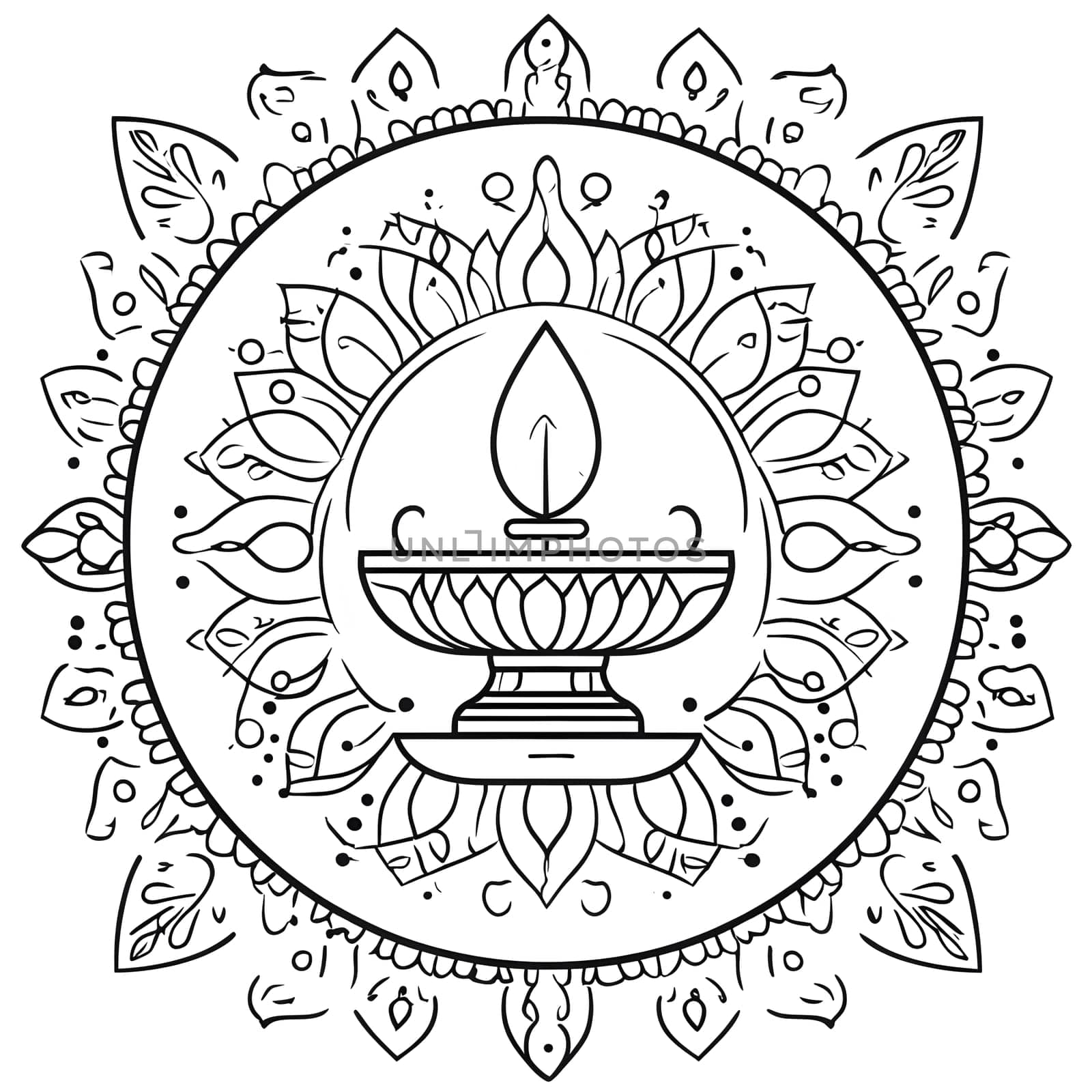 A black and white illustration of a candle design with an ornamental border.