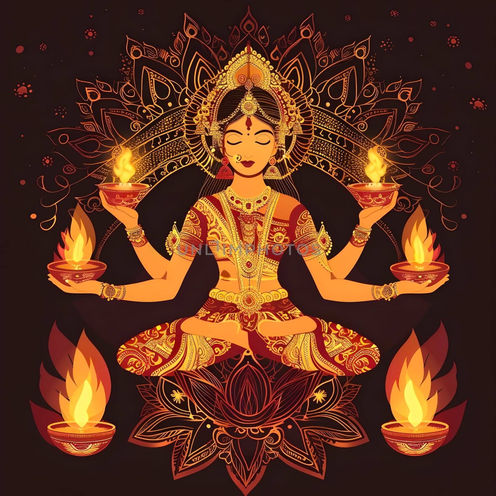 A beautiful illustration of a Hindu goddess holding lamps, symbolizing wealth and prosperity. The intricate design and vibrant colors evoke a sense of spirituality and tradition.