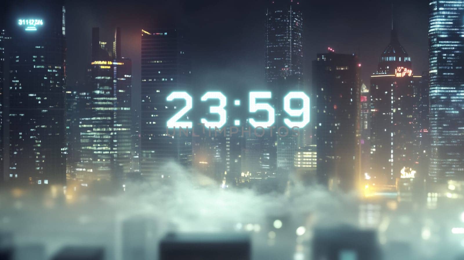 Digital clock is showing 23,59 over a city skyline, with low lying clouds giving a sense of anticipation for the new year