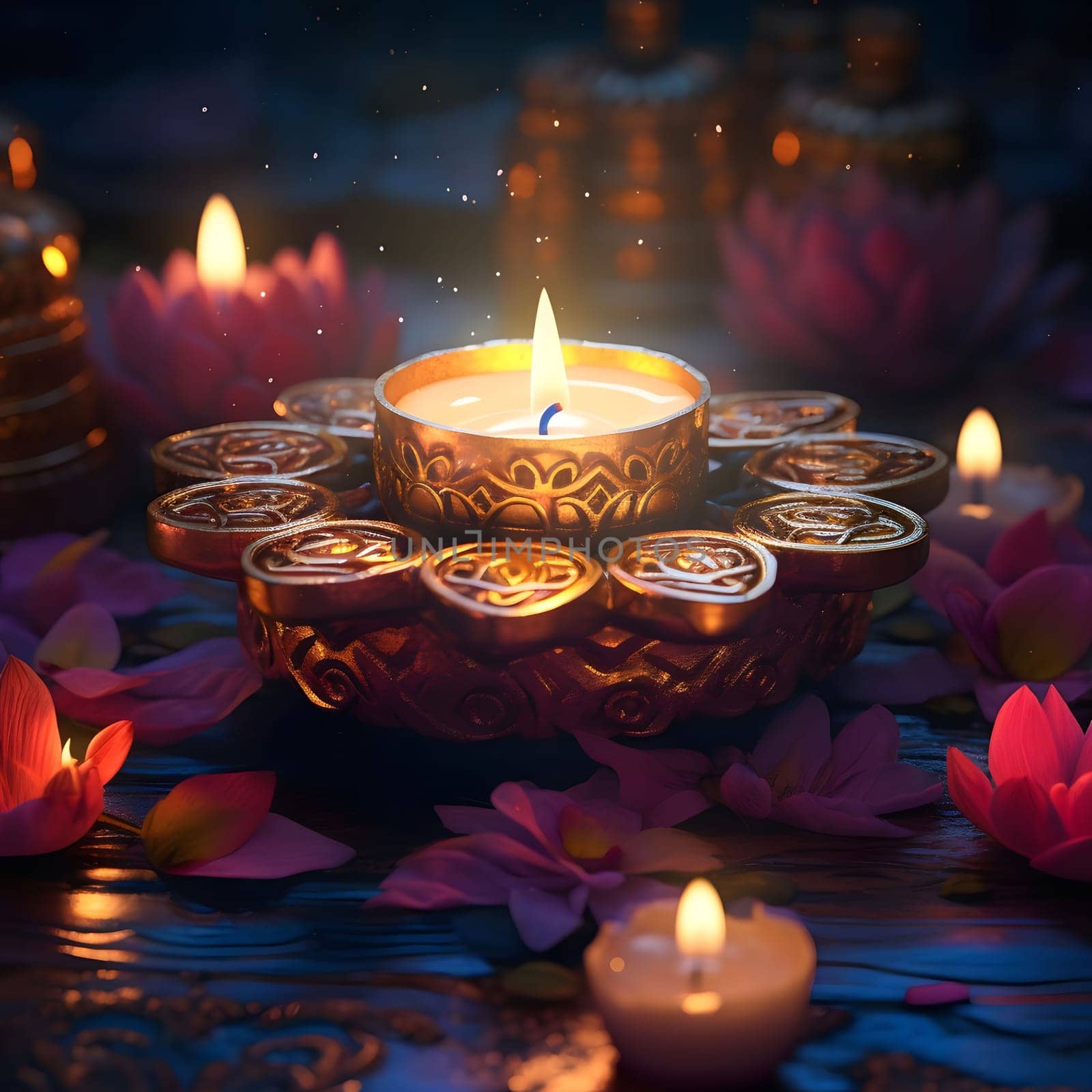 A close-up image of a lit candle surrounded by flowers, radiating warm light and creating a peaceful and spiritual atmosphere.