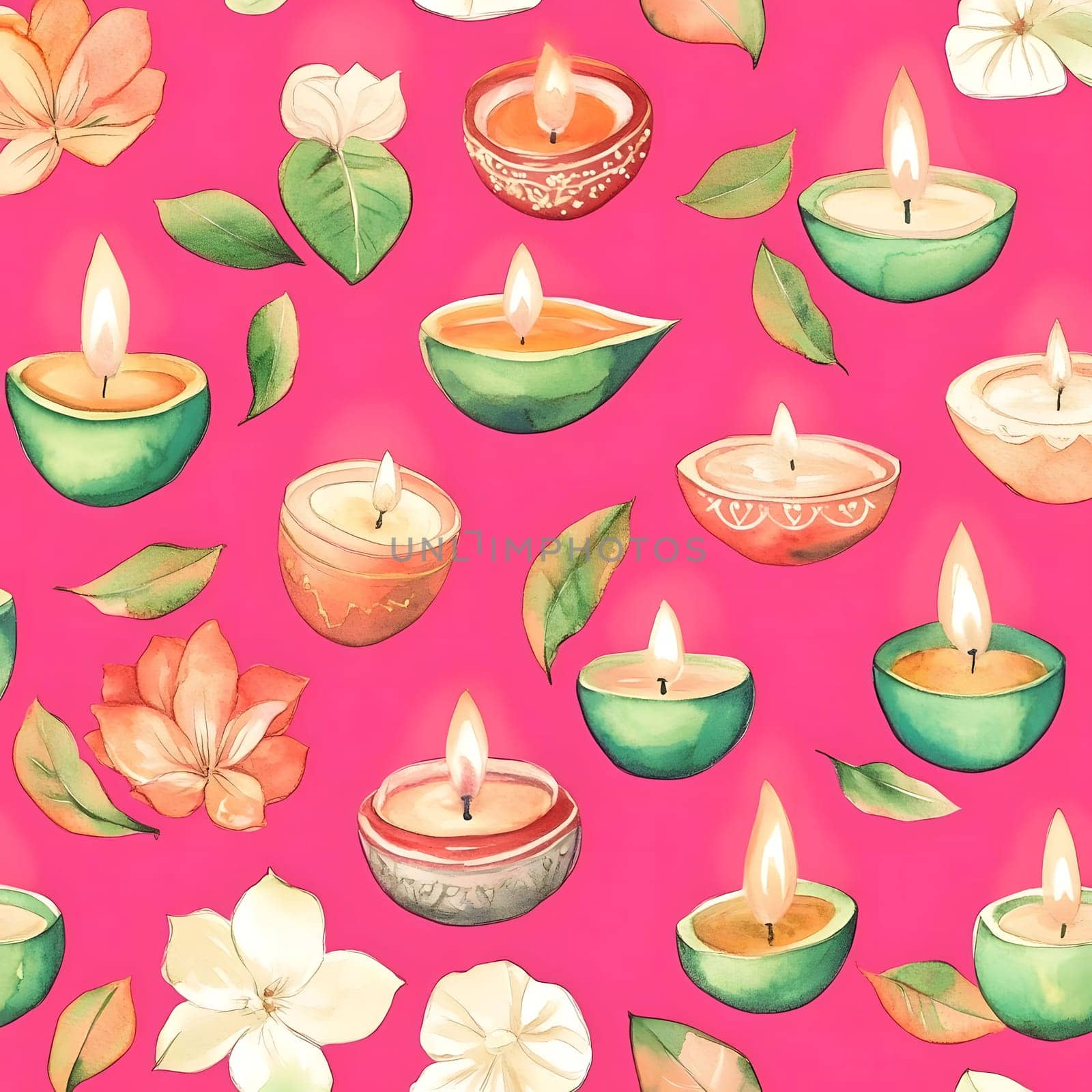 Watercolor illustration of Diwali decorations with candles in pink background.