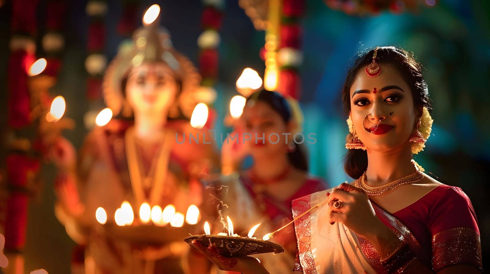 A woman in traditional Indian attire celebrates Diwali, the festival of lights, by lighting candles.