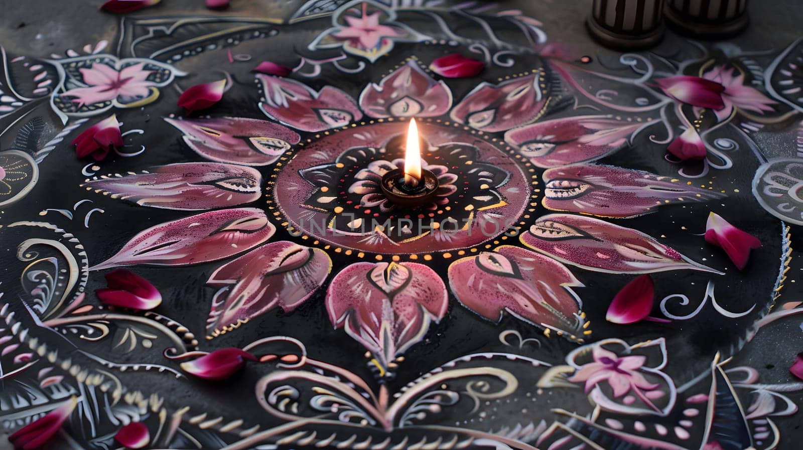A beautiful mandala with a lit candle in the center surrounded by rose petals