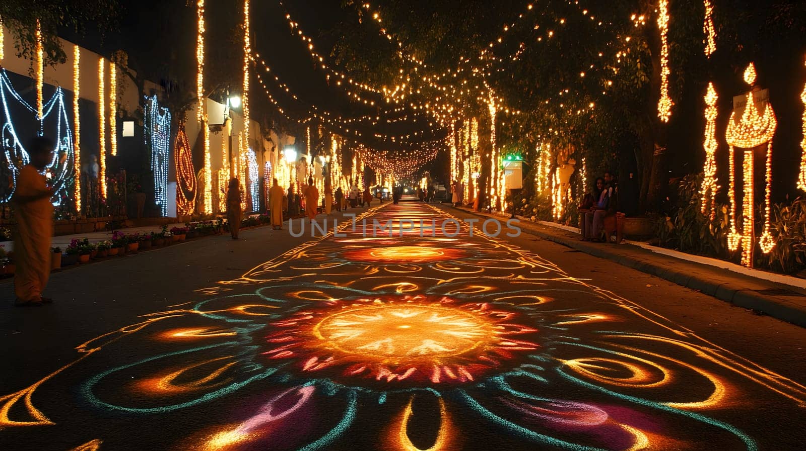 A brightly lit street during a festival. The street is decorated with colorful lights and lanterns, creating a festive atmosphere.