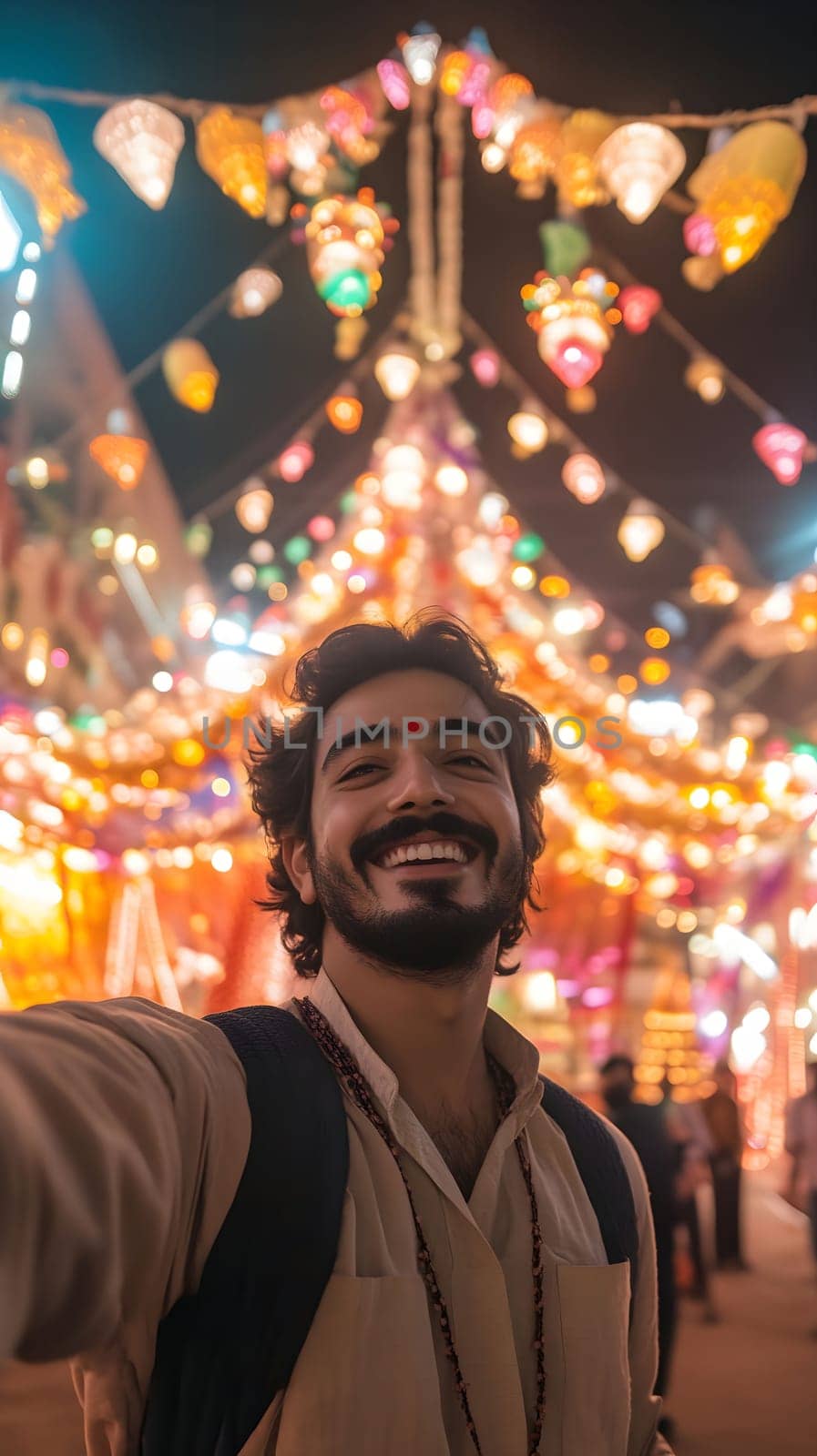 A young man with a beard smiles at the camera in front of a colorful backdrop of lights.