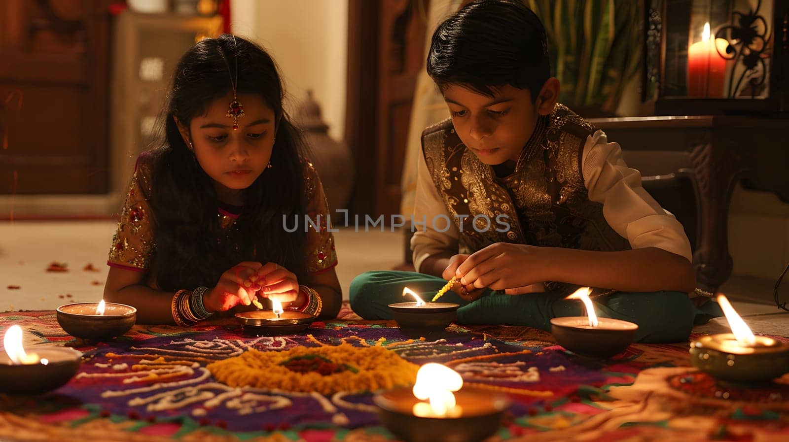 Two young children celebrate Diwali by lighting diyas and creating a rangoli on the floor.