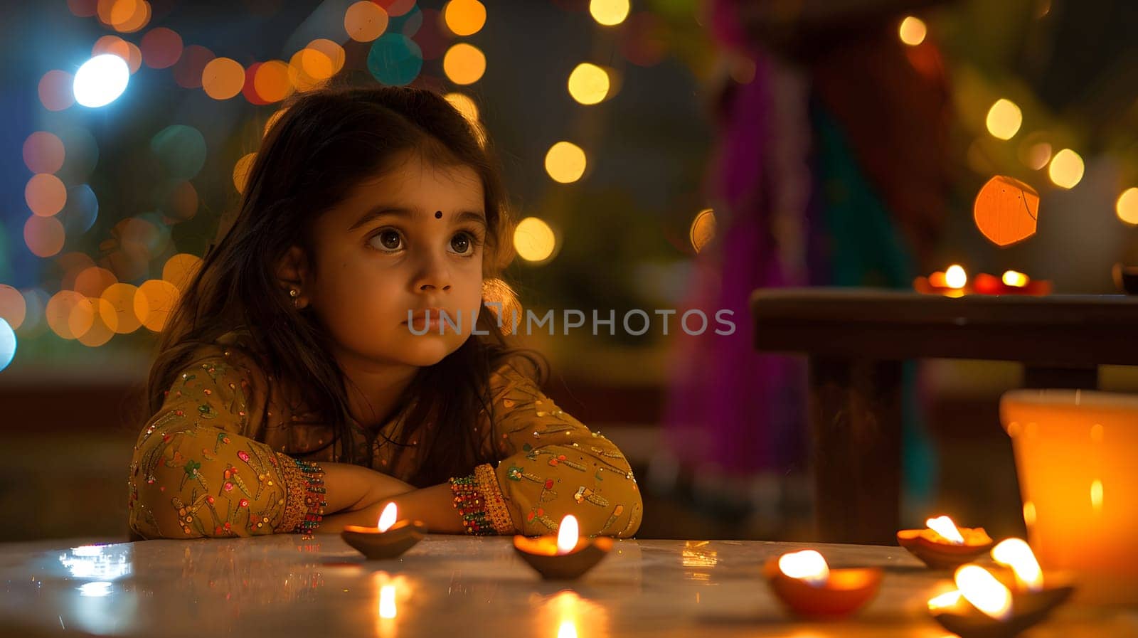 A young girl in traditional Indian attire gazes thoughtfully during Diwali festivities, surrounded by glowing diyas.