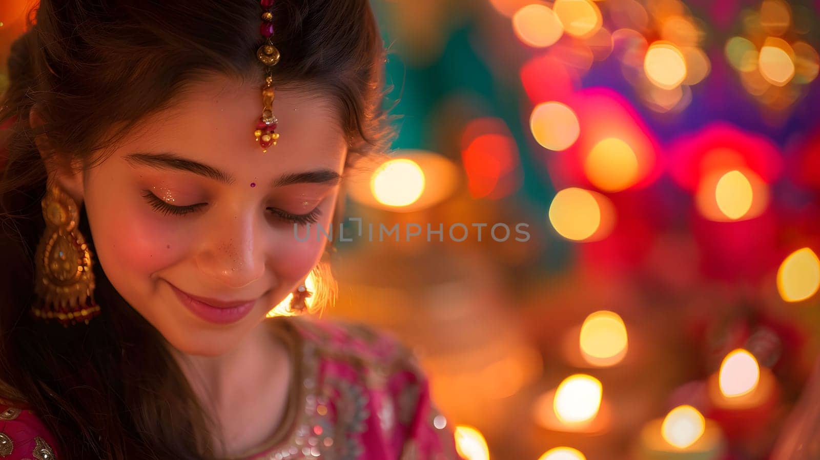 A young woman dressed in a traditional Indian outfit smiles gently, highlighted by the warm glow of festive lights in the background.