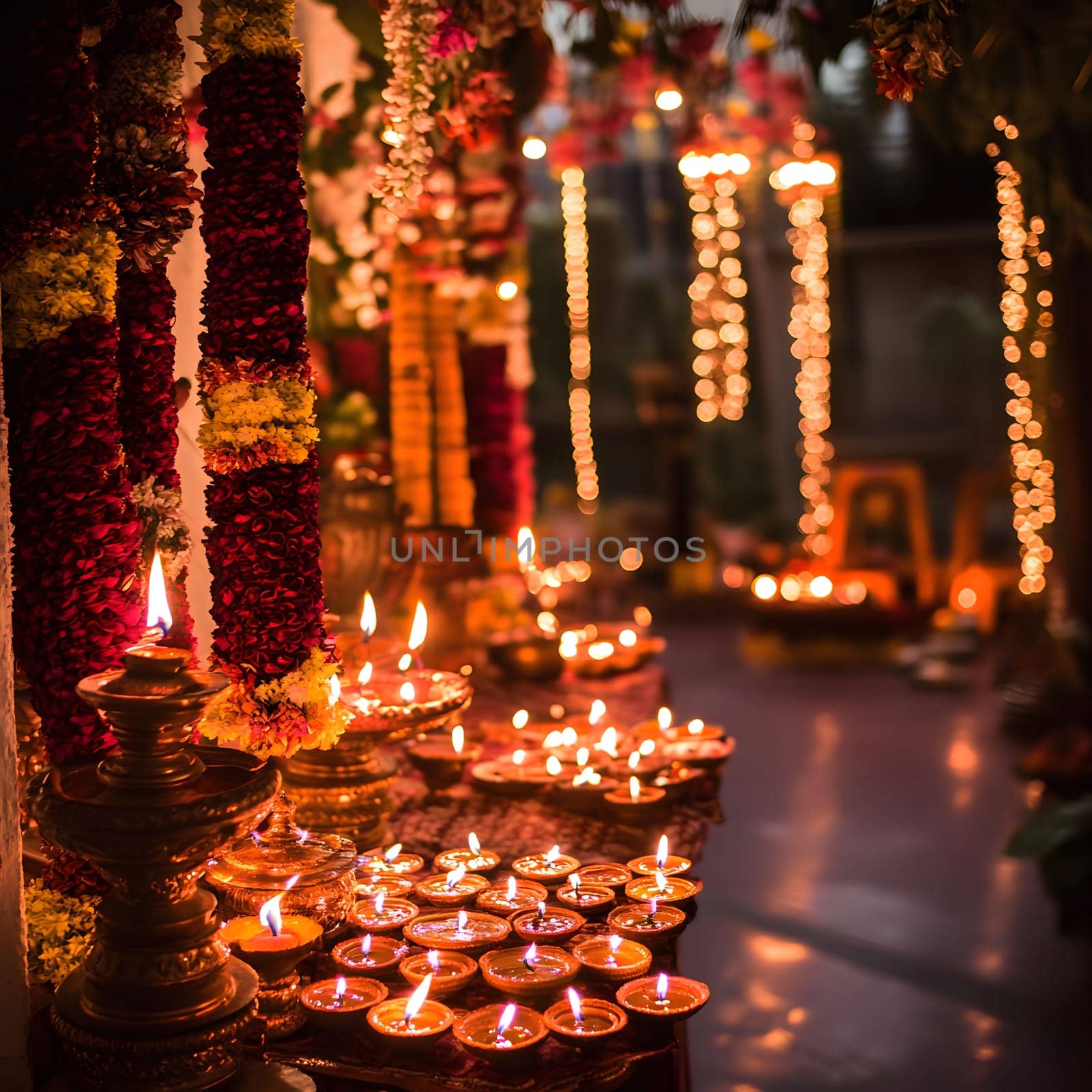 A close up of a Diwali festival celebration with a table full of lit candles surrounded by garlands and string lights.