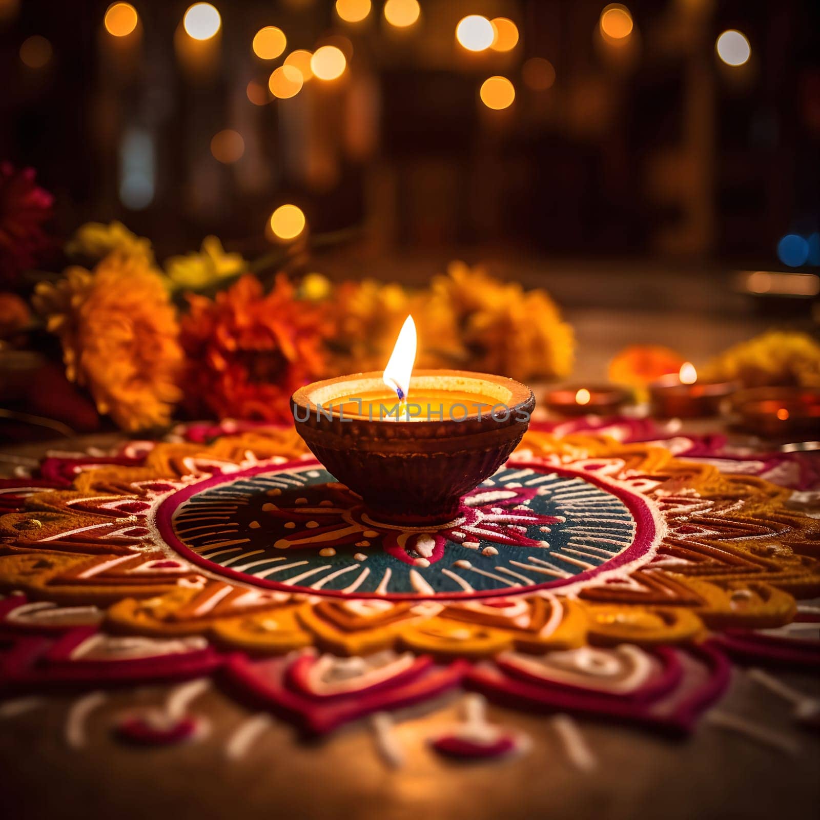 A lit diya candle rests on a colorful mandala, symbolizing the joy and hope of Diwali.