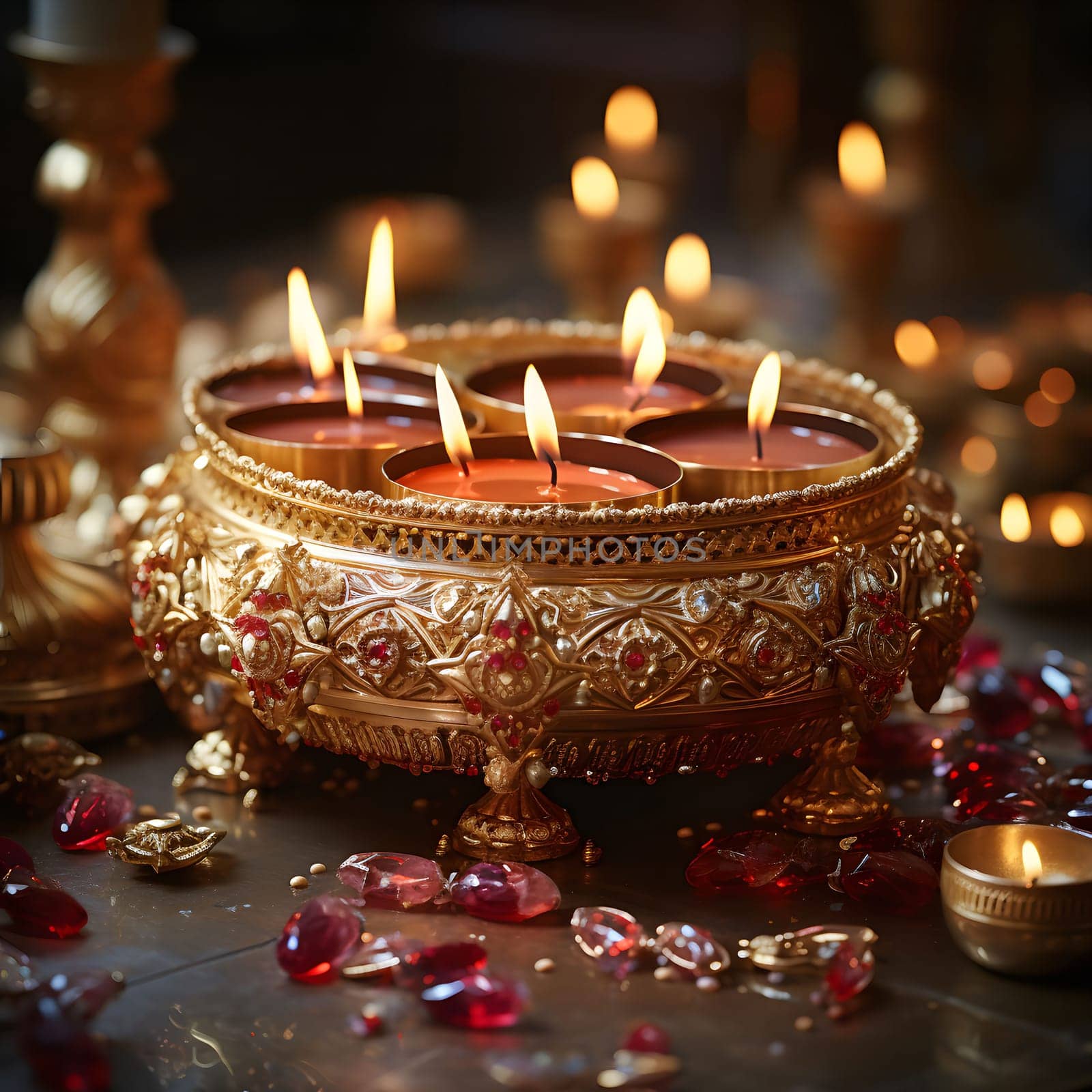 A close-up of a golden holder with lit candles, radiating warmth and light