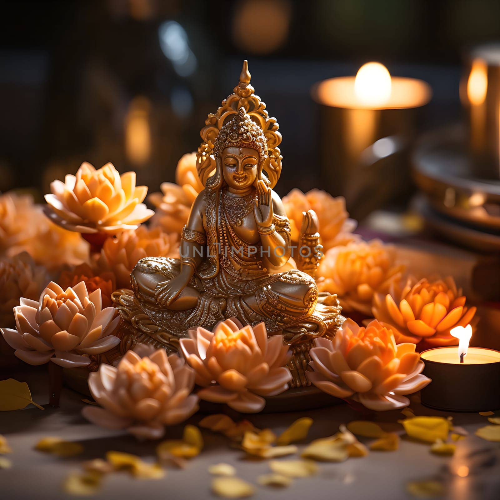 A golden buddha statue sits serenely amidst a circle of lotus flowers, creating a serene and spiritual atmosphere.