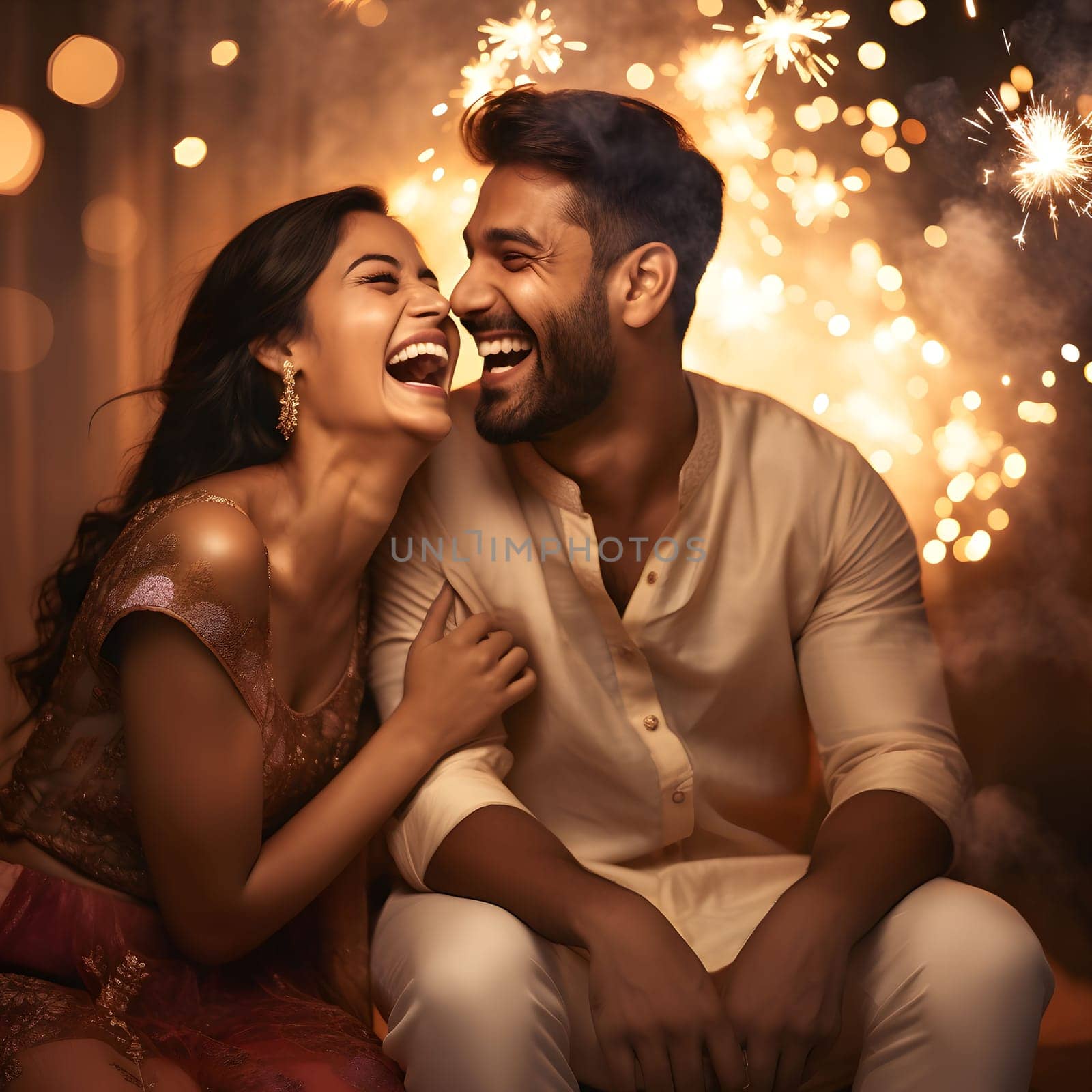 A loving couple laughs together amidst a stunning display of fireworks. The warm glow of the fireworks illuminates their faces, creating a magical and joyful atmosphere.