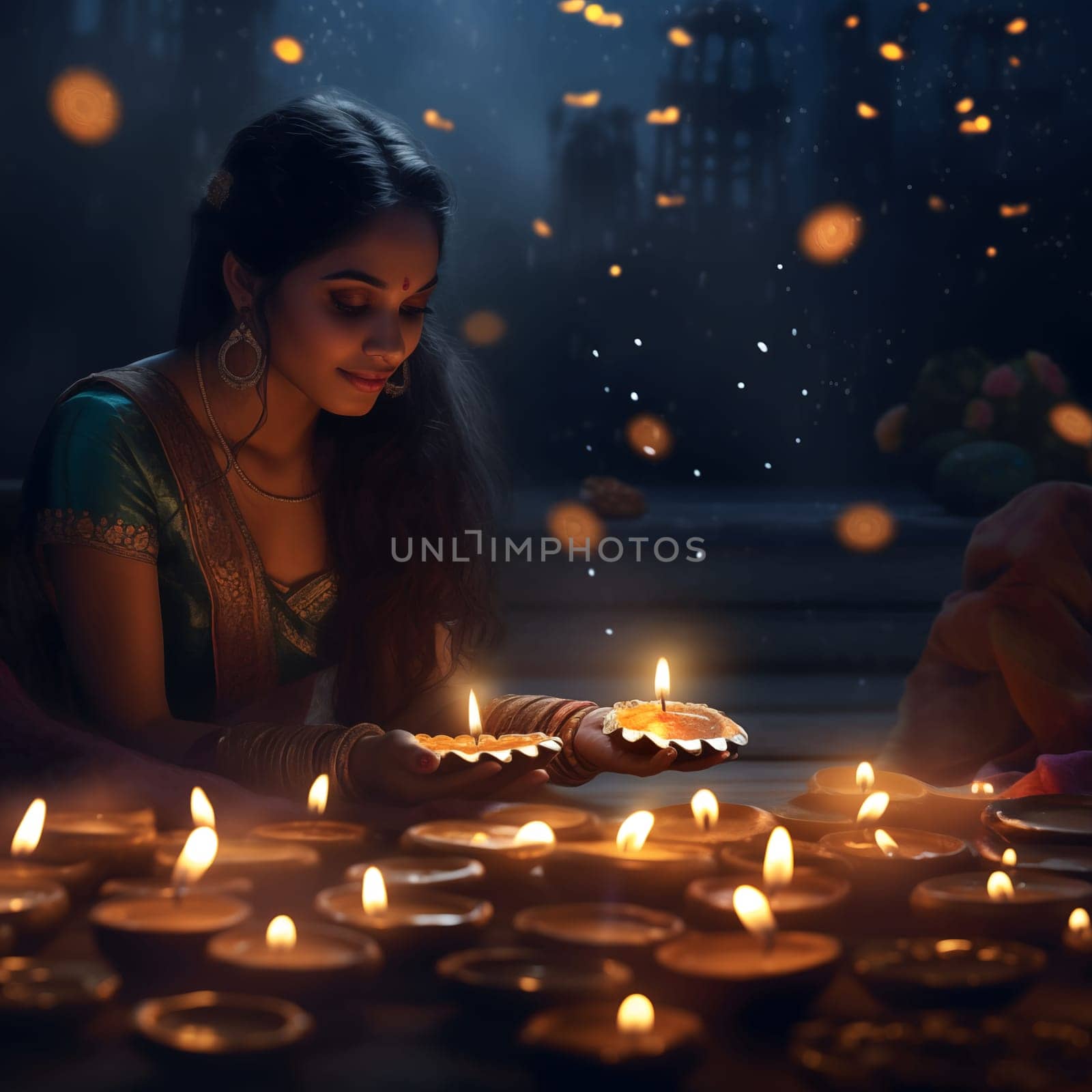 A woman lighting diya lamps during a festive celebration, creating a warm and spiritual atmosphere