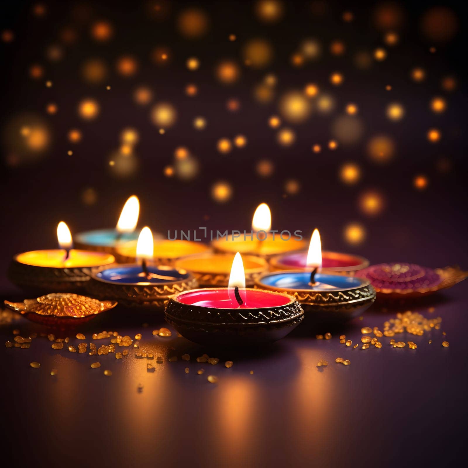 Close-up of colorful diya candles lit for Diwali festival, traditional Indian festival of lights.