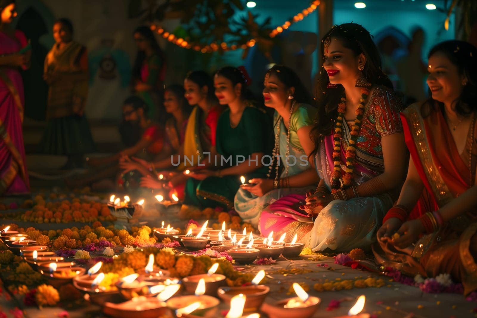 A group of Indian women celebrating Diwali with lit diyas, creating a beautiful and spiritual atmosphere.