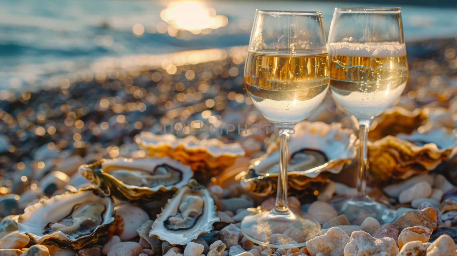 A glass of wine near the sea against the sky at sunset. selective focus. Generative AI, food