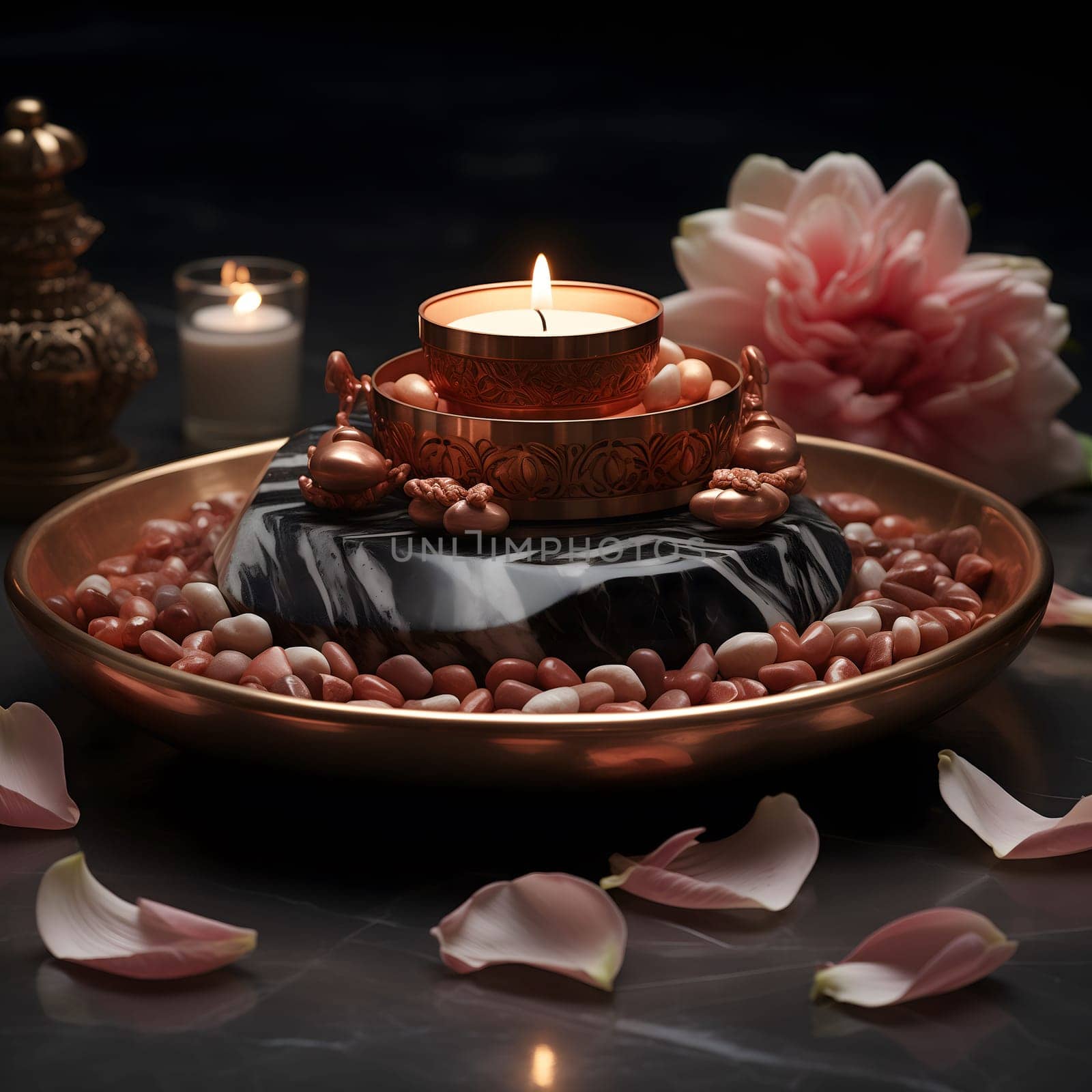 A close-up of a candlelit spa setting with pink flower petals, marble, and copper accents.