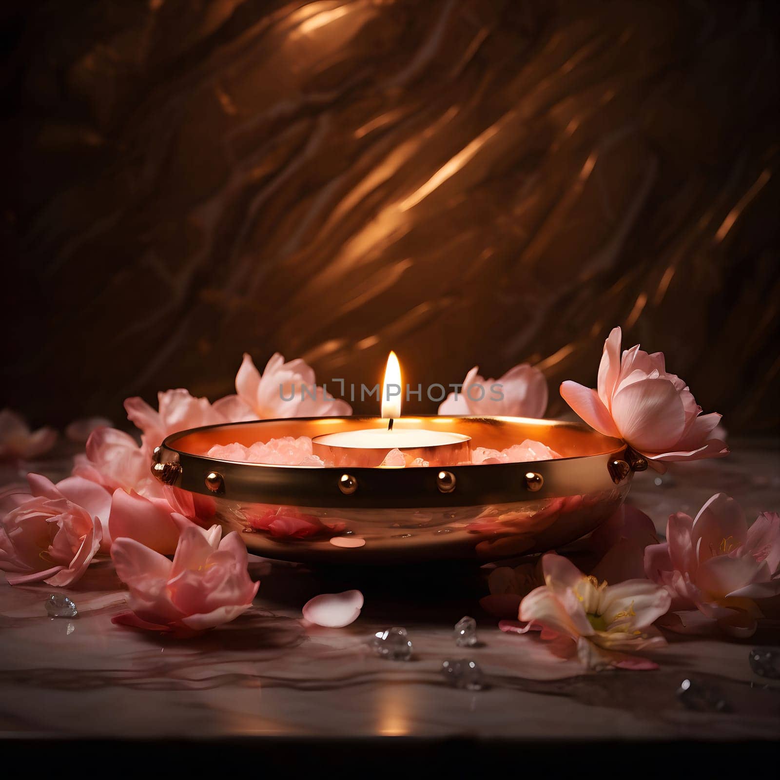 A single candle glows in a gold bowl surrounded by delicate pink flower petals, creating a peaceful and romantic atmosphere.