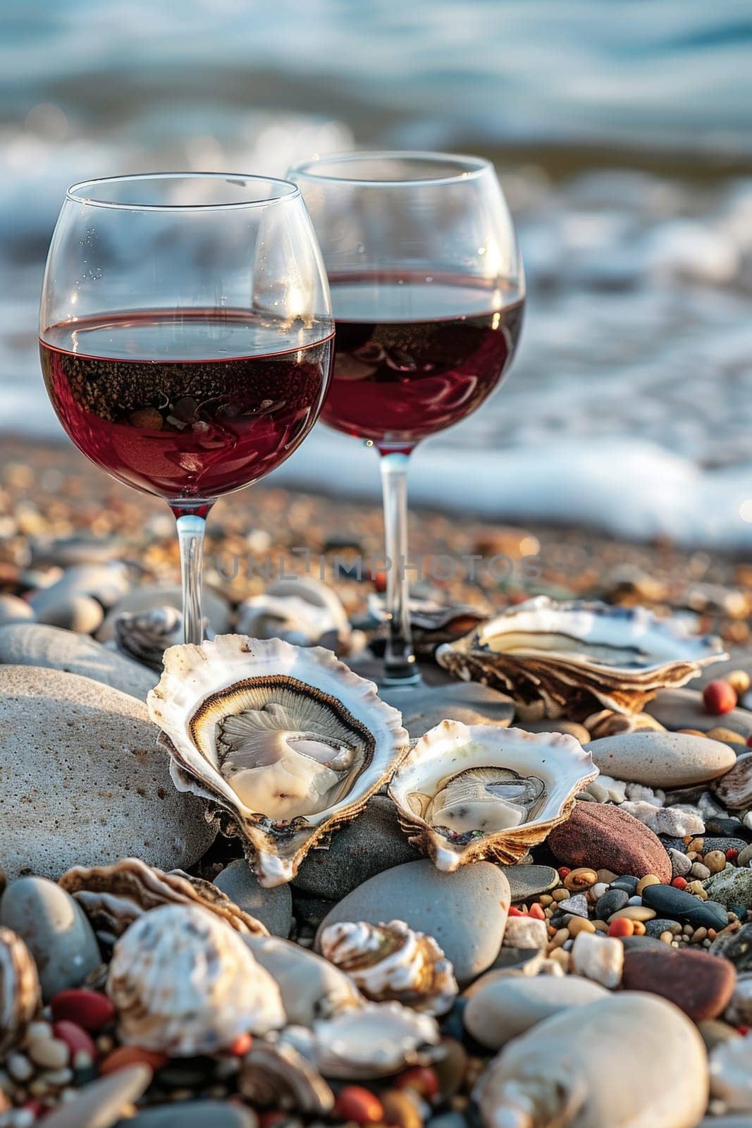 A glass of wine near the sea against the sky at sunset. selective focus. Generative AI, food