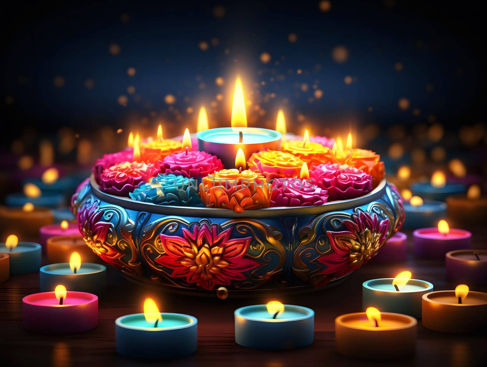 A close-up image of colorful candles in a beautiful ornate bowl. The candles are lit and glowing, creating a warm and festive atmosphere. The image represents the celebration of Diwali, a Hindu festival of lights.